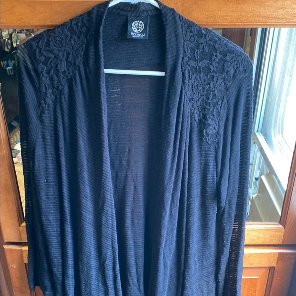 Vintage Bobeau Black 1X Asymmetrical Cardigan Sweater with Lace Detail Fall